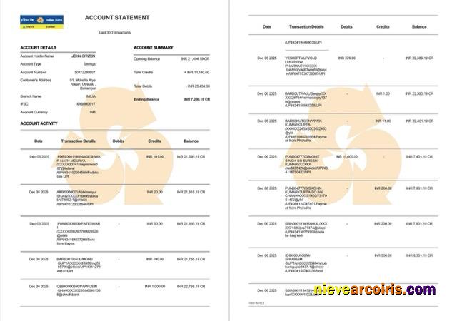 Indian Bank Allahabad account statement Word and PDF, 2 pages